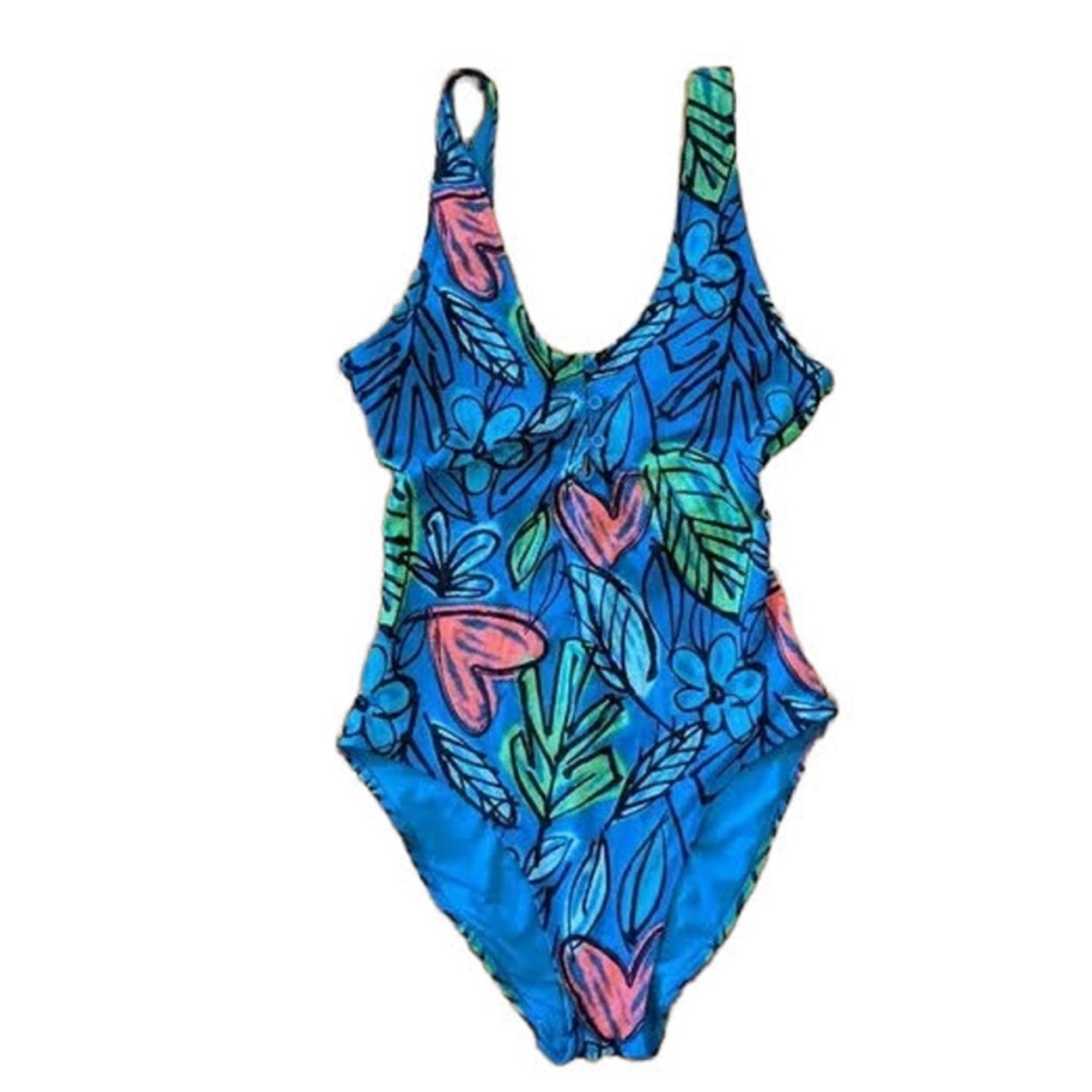 aerie Blue Tropical Floral One-Piece Swimsuit with  Button Accents
